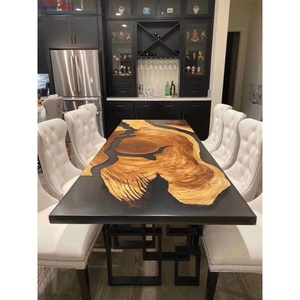 Mesa de Comedor Rectangular de Madera Maciza con Borde Natural y Resina, Diseño de Grano Natural con Incrustaciones de Resina Negra, Patas en V de Metal Resistente - Product Image 3