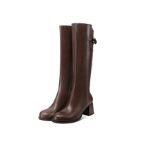 Bottes d'équitation d'hiver en cuir véritable à bout carré, montantes, à talon épais et fermeture éclair
