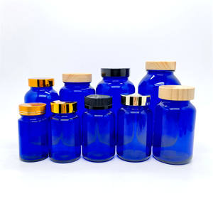 Botella empacadora de vidrio esmerilado azul cobalto 4 oz 120cc 120 ml con tapa acanalada blanca para suplementos, píldoras, vitaminas, tabletas - Product Image 3