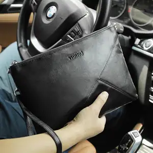 Bolsa de pulso em couro legítimo, bolsa masculina preta feita em couro legítimo com envelope