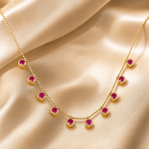 Xinfly Solid 18K Gold 1.35ct <b>Ruby</b> Bubble Bezel <b>Necklace</b> Starry Charm Chain Pendant Choker for Women Adjustable Fine Jewelry - Product Image 1