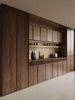 Aparador Moderno LED de Nogal con Puertas de Ratán, Estantes Abiertos y Diseño sin Tiradores para Comedor, Personalizable