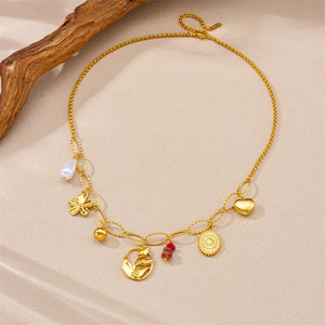Gold Plated Stainless Steel Flower Oval Pendant Chain Necklace For Party Fashion Jewelry - Product Image 3