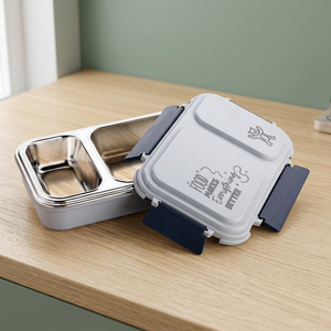 Boîte à lunch en acier inoxydable à 2 compartiments, rectangulaire, avec couvercle en plastique portable, design détachable, anti-fuite, conteneur alimentaire pour enfants - Product Image 5