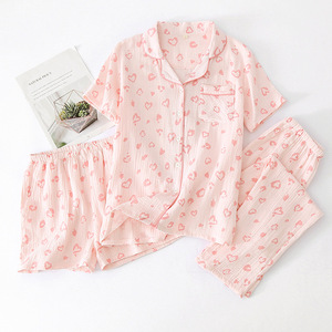 Crêpe Broek Fabriek Direct Puur Katoenen Zachte Revers Pyjama Fabrikant Bedrukte Pyjama Driedelige Set Groothandel - Product Image 2
