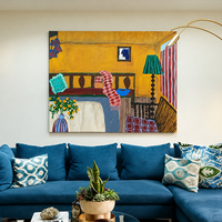 Grande Peinture Murale Naive Jaune pour Intérieur, Table à Manger, Lampe Fruit Orange, Rideau, Toile, Art Mural