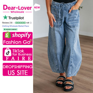 Dear-Lover Wholesale Myosotis Large Patch Pocket <strong>Paperbag</strong> Waist Barrel New <strong>Women</strong> Drawstring <strong>Jeans</strong> - Product Image 1