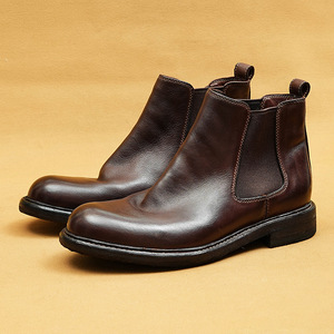 Botas de cuero genuino para hombre, altura al tobillo, punta redonda, sin cordones, suela de goma antideslizante, color sólido, impermeables, al por mayor - Product Image 3