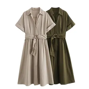 TAOP&ZA Summer New 2024 Women's Solid Color Lapel Belted Linen Blended Shirt Style Short Sleeve Dress 8372101 8372102
