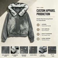 Blouson à capuche épais délavé pour homme en nylon/coton avec col en fausse fourrure, orné de rivets perlés et de points, fermeture éclair, hiver, anti-plis
