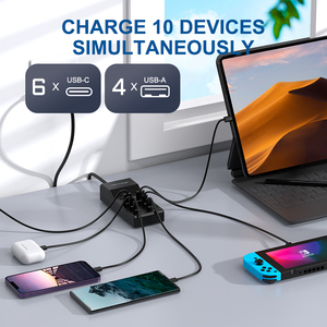 VINISEM 4A6C Regleta <span class=keywords><strong>de</strong></span> alimentación inteligente <span class=keywords><strong>de</strong></span> 10 tomas USB y Tipo-C para oficina/portátil, multi-carga para teléfono, negra con enchufes US/UK/EU - Product Image 4