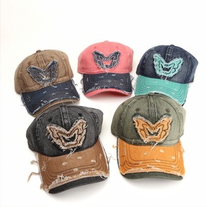 Distressed Denim Baseball <b>Cap</b> With Butterfly Applique For <b>Women</b> Casual Wear 100 Cotton Hat - Product Image 2