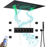 Noir mat 800*600mm LED musique pommeau de douche pluie cascade brumeux robinet thermostatique vanne en céramique mural pour salle de bain