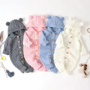 Newborn infant knit onesie toddler long sleeve sweater jumpsuit cartoon bear winter clothes hooded baby romper