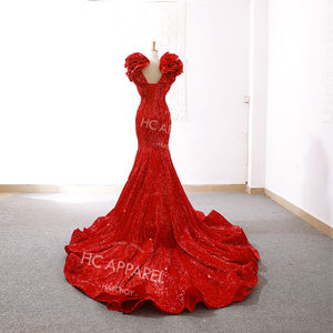 Robes de soirée rouges élégantes pour dames V-Ne Mermaid Lace-Up Style avec Long Train Luxury & Modest Ethnic Fabric Clothing - Product Image 2