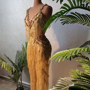 Sparkly Gold Tassel Sequins Cut Out Barboteuses Femmes One Piece Bodys Stage Performance Outfits Party Wide Leg Jumpsuit - Product Image 1