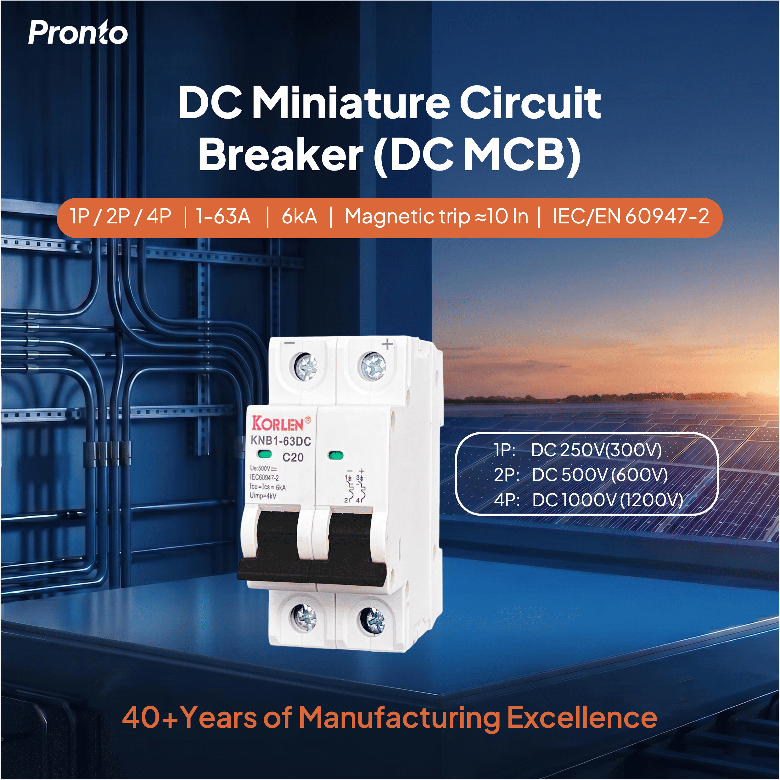 KNB1-63DC 1P 2P 4P 125V-1200V up to 15kA Solar PV ESS Miniature Circuit Breaker IEC EN60947-2 Copper Silver Contact Supplier · image 1