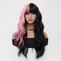 Perruque longue bouclée noire et rose avec mèches, résistante à la chaleur, synthétique, ondulée, réglable, douce et volumineuse, avec frange, pour femme, idéale pour cosplay et fêtes