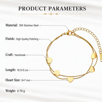 Bracelet Cœur en Acier Inoxydable 304 Couleur Or Double Chaîne Poli Fait Main avec Fermoir Mousqueton Extensible Vente en Gros Cadeau