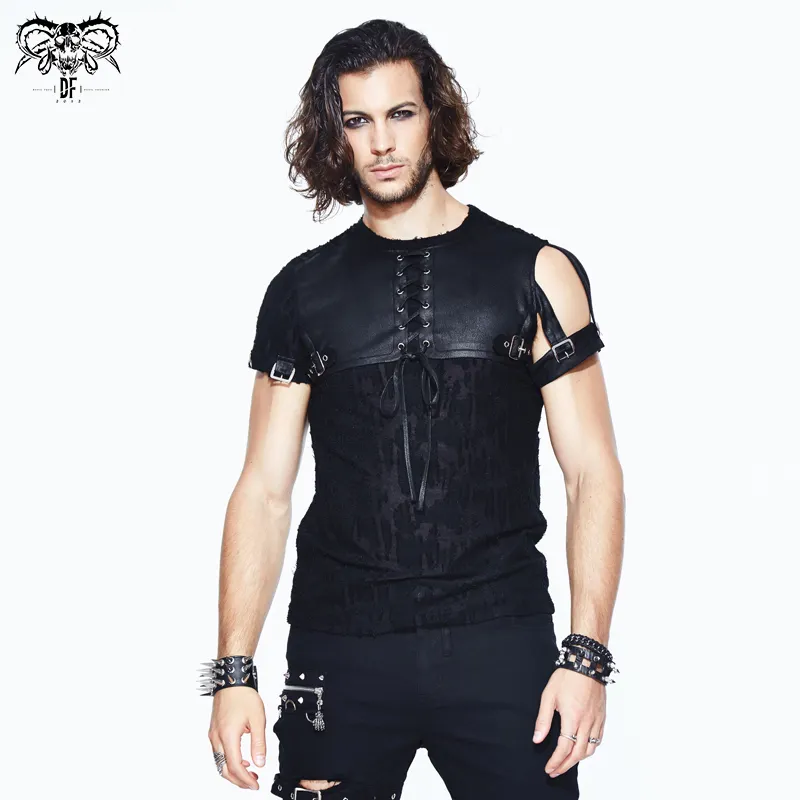 TT097 stage patterned men sleeve removable black punk rock laced up hollow out T-shirt with leather loops