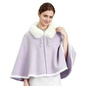 Women Elegant Faux Fur Collar <b>Shawl</b> Sleeveless Lace Trimmed Cloak Fluffy Pearl Closure Open Front Wrap for Bride - Product Image 2