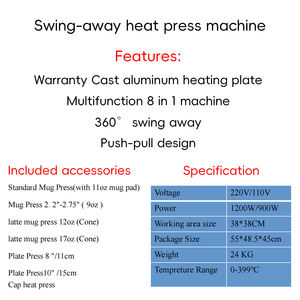 Presse à chaud professionnelle EF-HP1(8) 8 en 1 38*38cm à rotation pour t-shirts, tasses, casquettes avec minuterie numérique et pression uniforme - Product Image 2