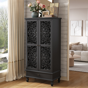 <b>Rustic</b> 55'' Tall Storage <b>Cabinet</b> With Drawer Decorative 2-Door Carved Wood Accent <b>Cabinet</b> Solid Wood Legs Living Room - Product Image 3