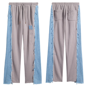 Pantalon de survêtement évasé KingSen de haute qualité, personnalisé, bicolore, taille mi-haute élastique, style hip-hop, en coton pour homme, avec empiècements latéraux en jean, streetwear - Product Image 5
