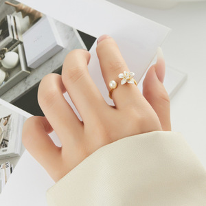 Flower Open <b>Ring</b> With Imitation Pearl Adjustable Index <b>Finger</b> <b>Ring</b> For Gift Jewelry - Product Image 2