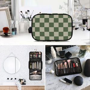 3 Set Green Checkered Polyester Foldable Zipper <b>Toiletry</b> Cosmetic <b>Bag</b> Makeup Brush Storage Organizer <b>Toiletry</b> <b>Bag</b> with Pouch - Product Image 5