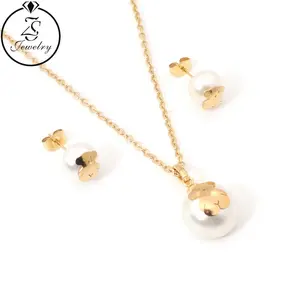 Vergulde Parel Ketting Sieraden Set Shell Hanger Ketting Vrouwen Stud Oorbel Set Goud 18K Schattige Rvs Sieraden Sets Dhl