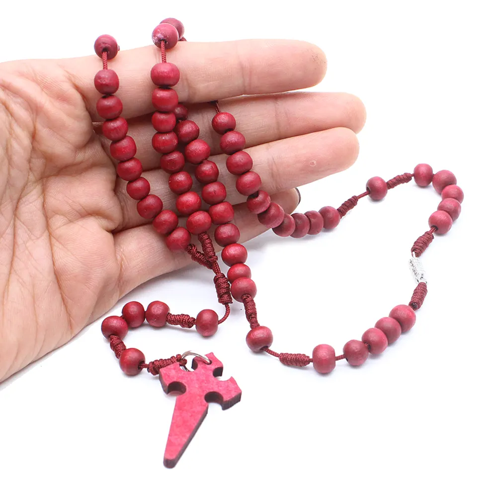 Cuentas de madera roja vino, Rosario, collar, regalo, cuentas de oración religiosa