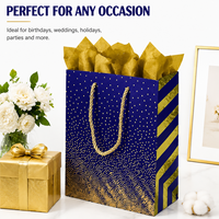 Sac cadeau de luxe bleu et or, sac de shopping en papier imprimé élégant avec poignée en corde, emballage haut de gamme pour bijoux de mariage et de fête