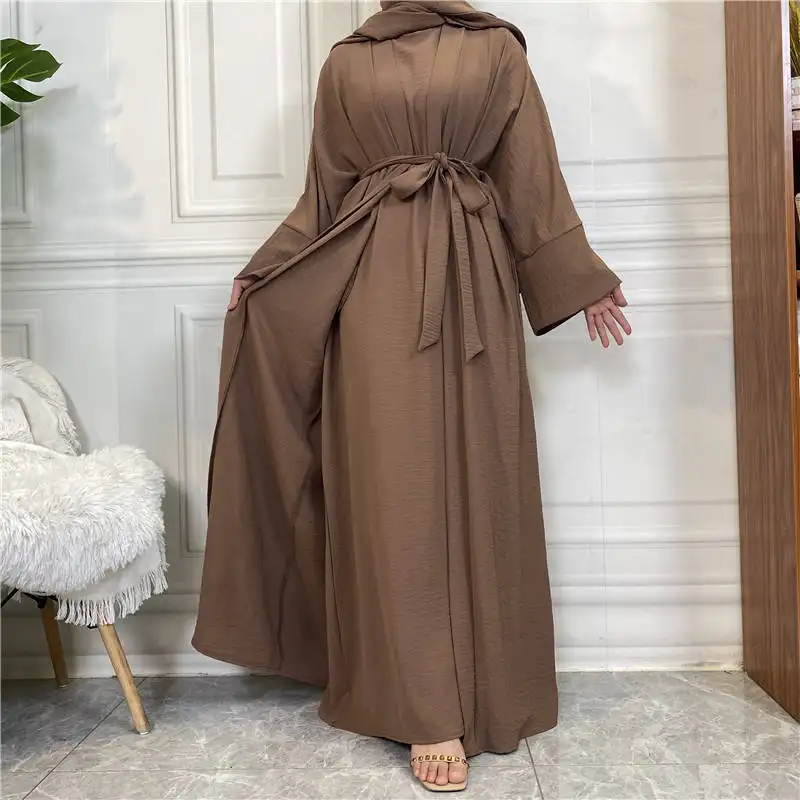 Top sell wrinkle crepe 2pcs set wide sleeve dubai abayas with pockets sleeveless inner dress 10 colors Modest Khimar Hijab Abaya