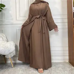 Top Sell Wrinkle Crepe 2pcs Set Wide Sleeve Dubai Abayas With Pockets Sleeveless Inner Dress 10 Colors Modest Khimar Hijab Abaya