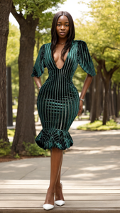 เดรสราตรีทรงหางปลาแขนโคมไฟมีระบายลายทาง - Product Image 2