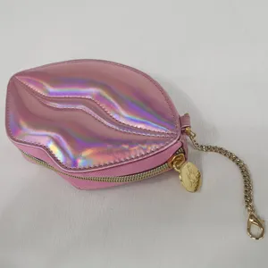 Sac à lèvres en cuir hologramme rose Mini taille sac cosmétique pochette en forme de lèvre mignon porte-rouge à lèvres en polyuréthane sac à monnaie