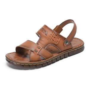 Sandales à lanières en T pour hommes, en cuir de vachette première couche, semelle extérieure en caoutchouc antidérapante, décontractées, d'été, à bout ouvert, motif uni - Product Image 4