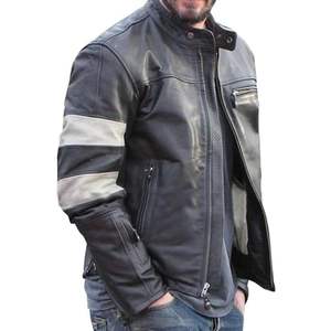 เสื้อแจ็คเก็ตหนังแกะแท้สีดำสำหรับผู้ชาย แบรนด์คีอานู รีฟส์ สไตล์ไบค์เกอร์ แขนยาว วินเทจ คาเฟ่ เรเซอร์ - Product Image 5