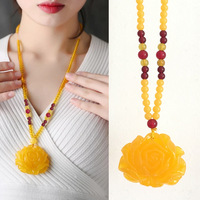 YL Collier long pendentif de deuxième génération en plastique jaune fluorescent à motif floral, pour pull, très vendu en direct