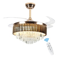 Ventilateur de plafond moderne de luxe de 42 pouces avec éclairage intérieur doré, lampe LED rétractable et pales à 3 couleurs, style lustre
