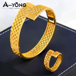 Amazon Latest Models Dubai 18K Gold Plated Copper Bracelet And Ring Set For Women