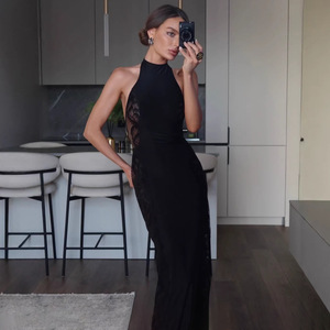 Vestido Largo de Noche Estilo Europeo Americano para Mujer con Cuello Halter, Encaje Transparente y Espalda Descubierta, Ideal para Banquetes y Fotografía Urbana - Product Image 2