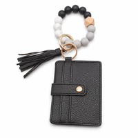 Gantungan Kunci Gelang Manik-Manik Gaya Boho dengan Tas Tempat Kartu Kredit Kulit PU Berumbai