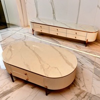 Ensemble table basse à cadre en bois blanc brillant de style moderne nouveauté meuble TV avec dessus en pierre frittée pour meubles de salon