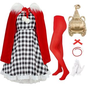 YUIQPKJX Elf Costume Adult Christmas Outfit Plaid Dress Red Cape Wig Gloves Holiday Costume - Product Image 1