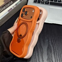 Coque de téléphone à bords ondulés avec paillettes et panneau arrière pour 18 Pro Max 17air 16E 15 14 avec support magnétique dissimulé