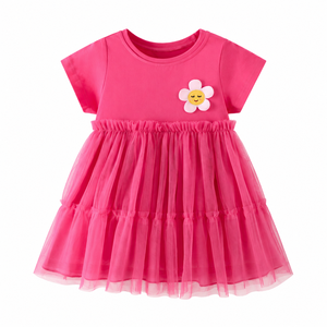Robe de princesse <span class=keywords><strong>tutu</strong></span> rose en <span class=keywords><strong>tulle</strong></span> et mélange de coton respirant à manches courtes, motif floral, longueur genou, silhouette plage, pour filles, personnalisable OEM - Product Image 2