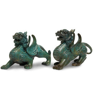 Pixiu Figurines Pair Verdigris Color Handmade Office Decor Sculptures - Product Image 5