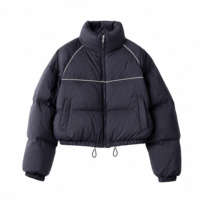 Blouson matelassé bleu marine pour femme, col montant, surpiqûres contrastantes blanches, court, imperméable, respirant, coupe-vent, isolé pour l'hiver